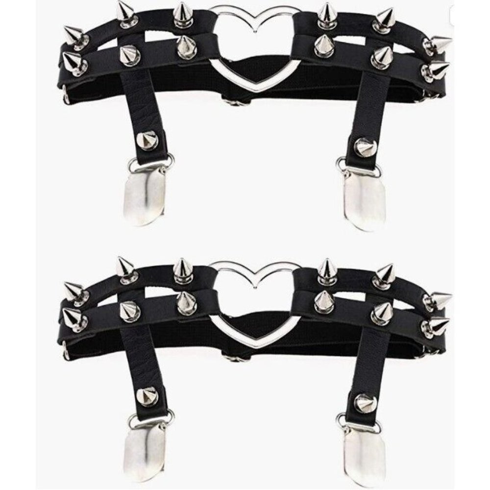 Spiked Studded Rivet Black Leather Elastic Garter Leg Thigh Belt Chain For Women